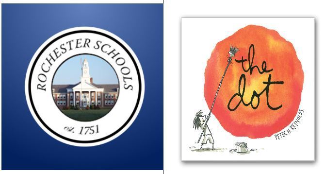 Rochester district seal & The Dot book cover image of girl creating a dot