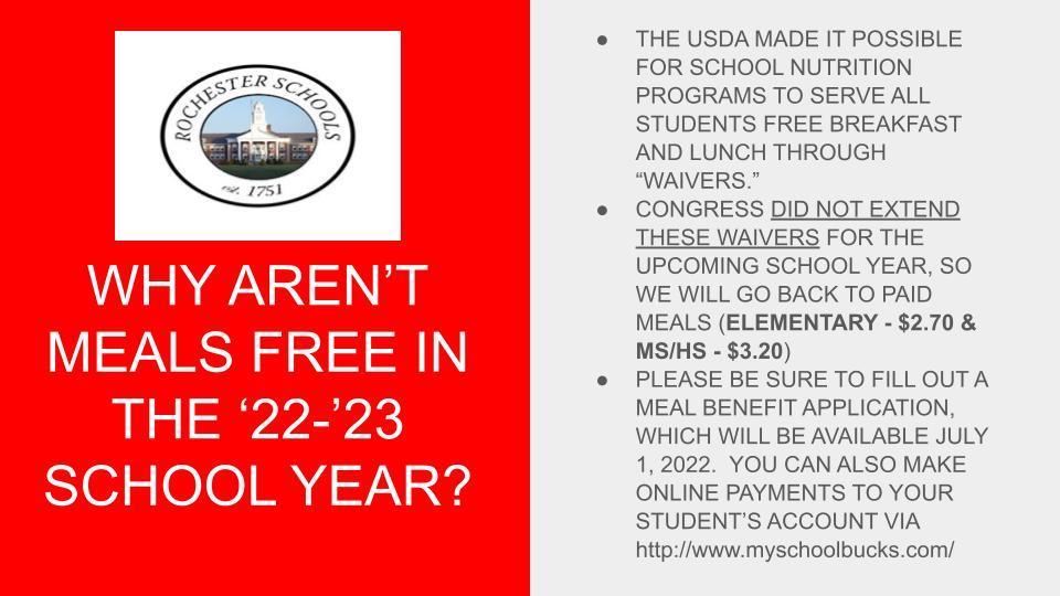 2022-2023 School Meal prices - Elementary - $2.70 & MS/HS - $3.20