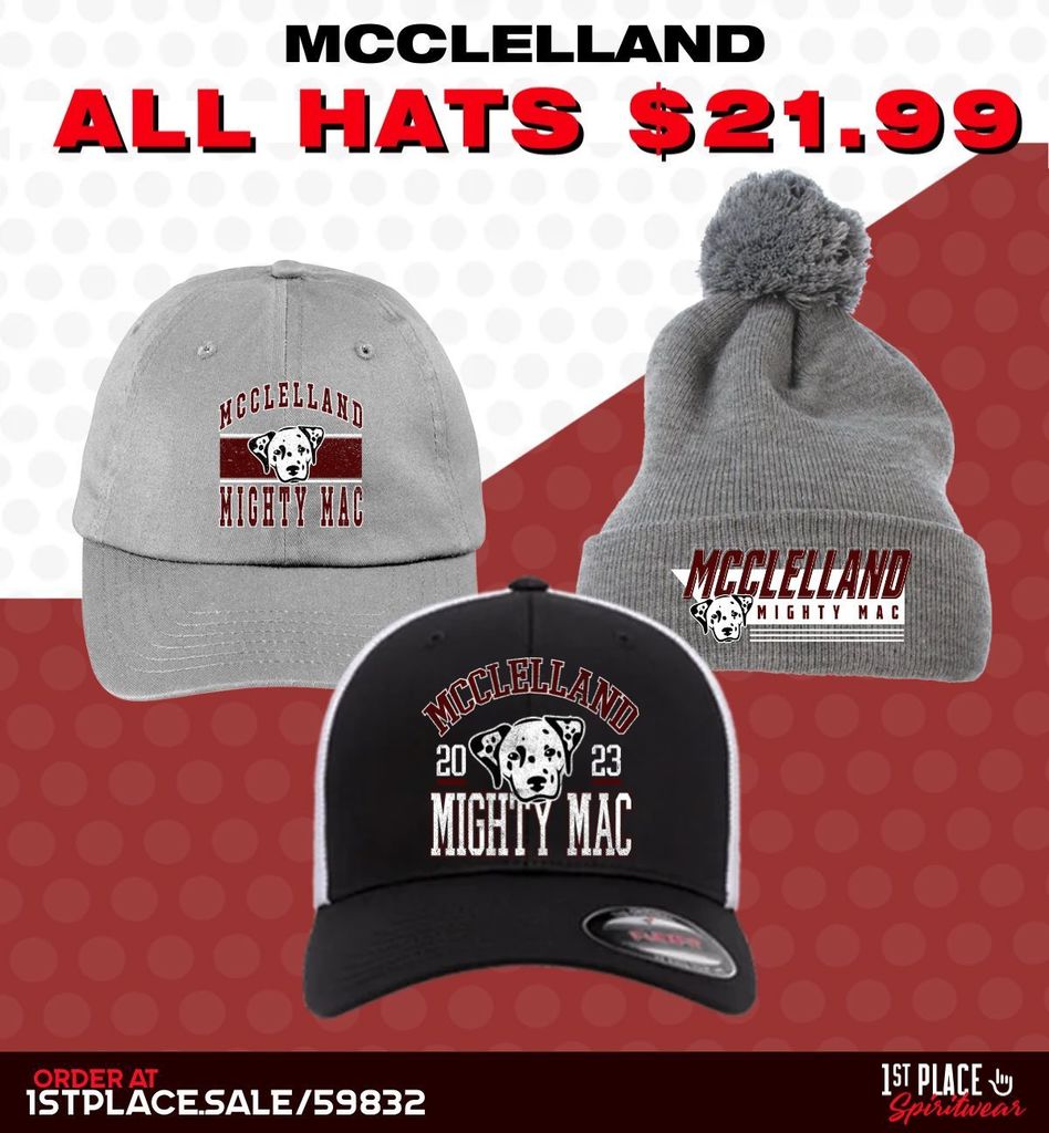 All hats on sale at the McClelland School Store!